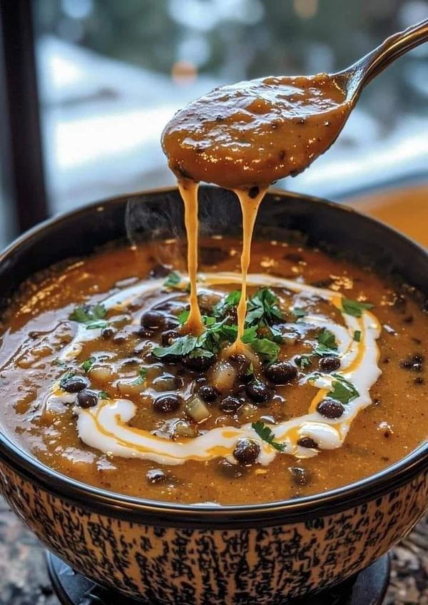 a spoon is being drizzled over a bowl of soup