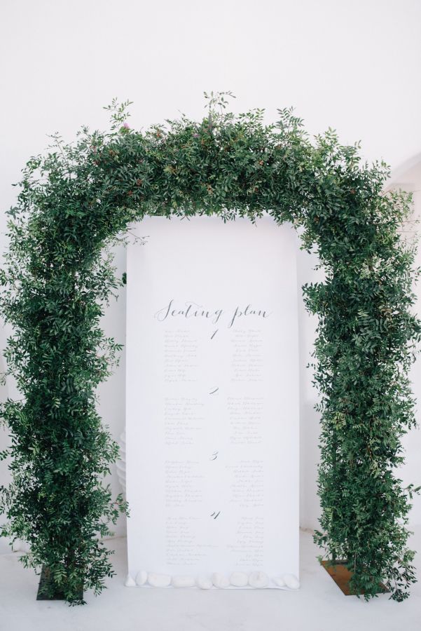 a wedding ceremony sign with greenery on it