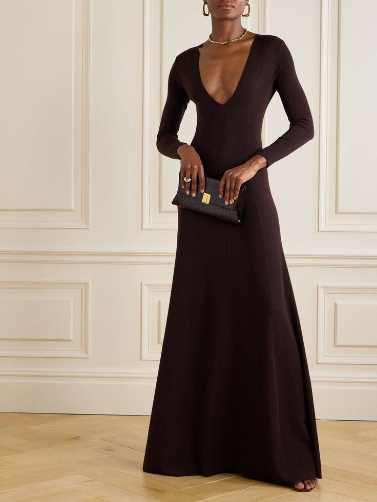 Winter Wedding Guest Formal Dress, Chic Fall Style, Tom Ford Dress, Tom Ford Clothing, Floral Dresses Short, Cashmere Dress, Dress Flats, Brown Silk, Swimsuit Dress