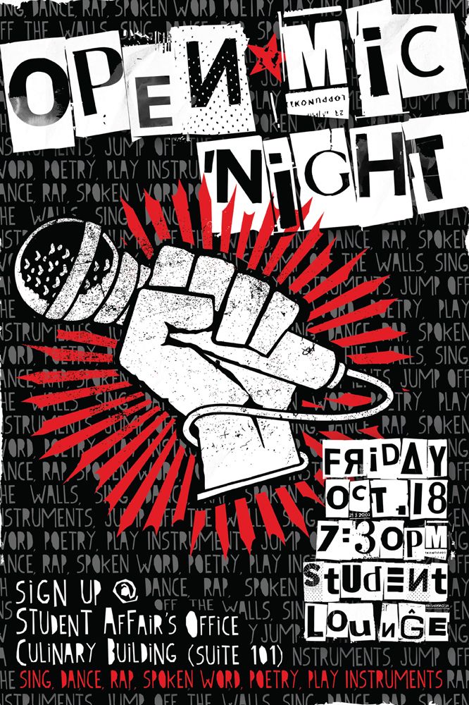 an open mic night poster with a hand holding a microphone