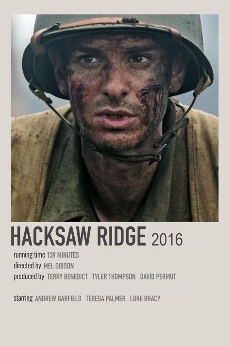 the poster for the movie hack saw ridge is shown in black and white, with an image of a man wearing a helmet