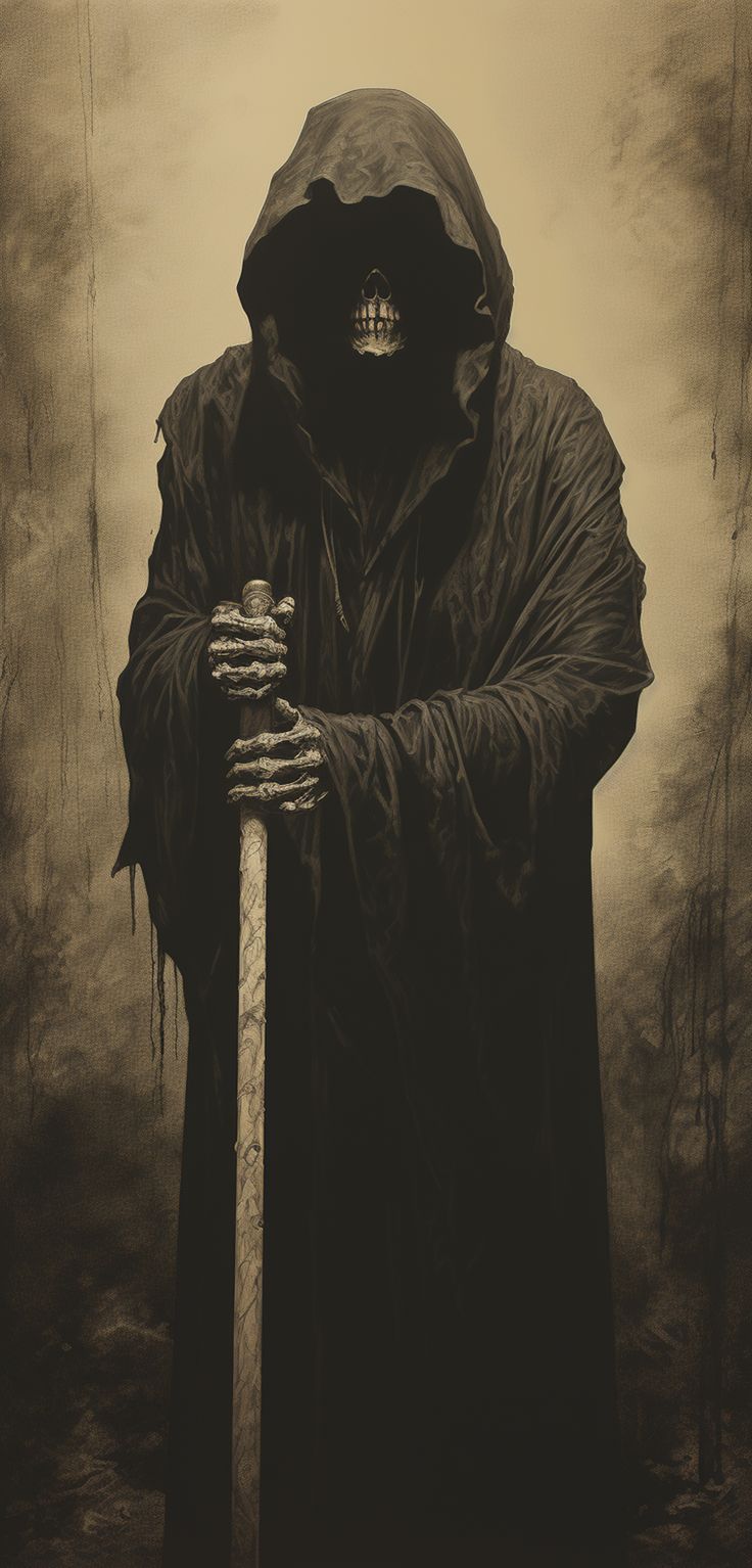 a man in a hooded robe holding a large wooden stick with a skull on it