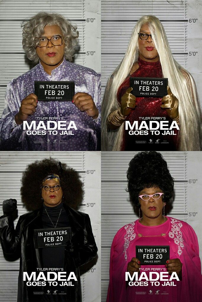 four mug shots of the same woman in different outfits, one is holding a sign that says madea