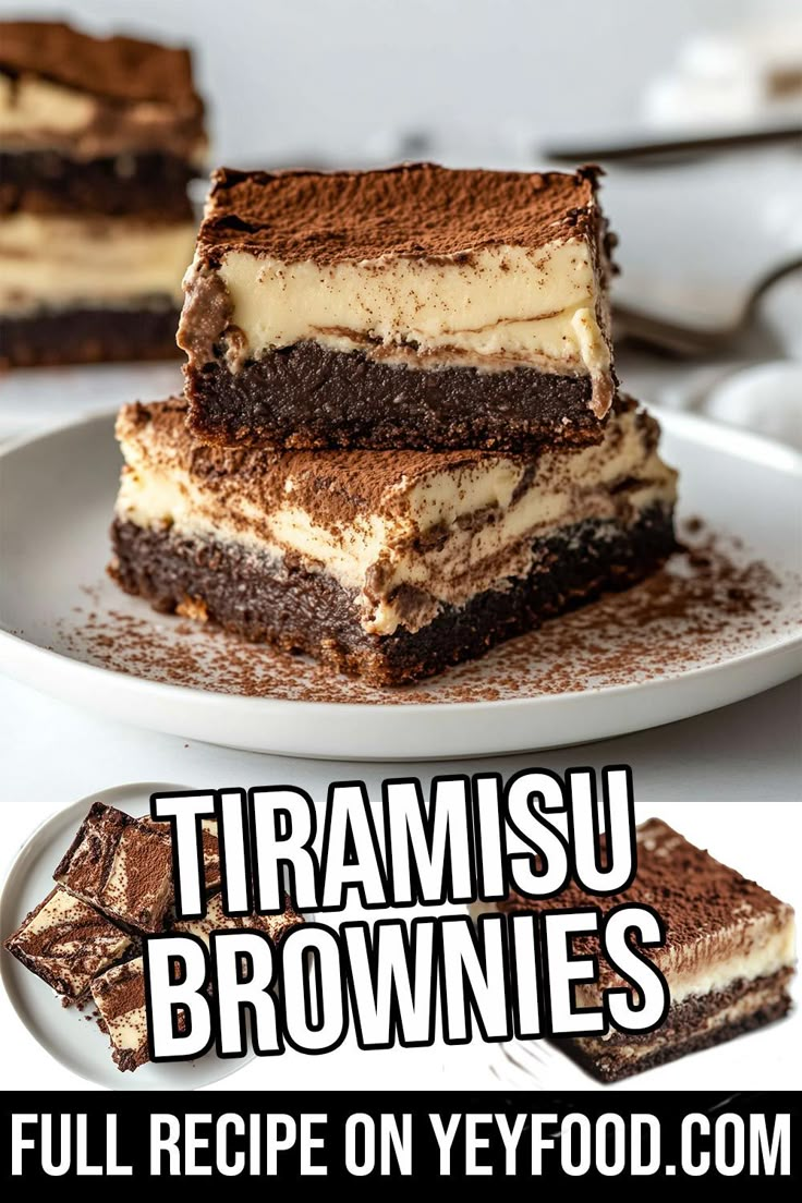 three pieces of tirami brownies stacked on top of each other with the title overlay