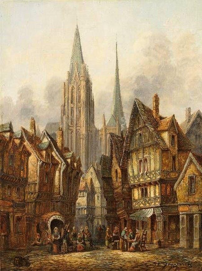 an old painting of people and buildings in front of a church