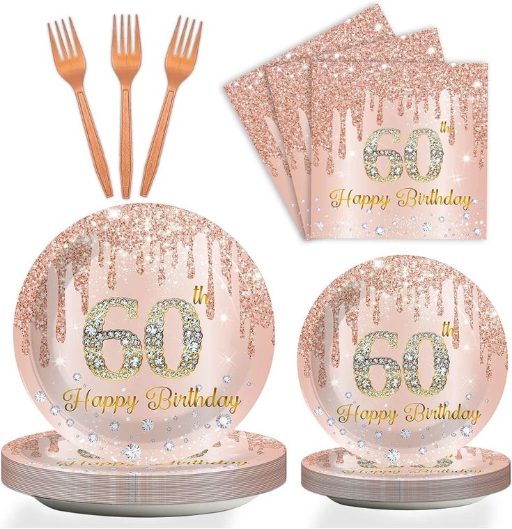 a set of pink and gold 50th birthday party plates with forks, spoons and napkins