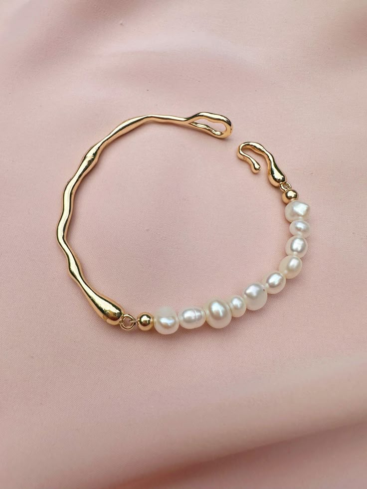 Irregular 14k Gold-Filled Bangle with Baroque Pearls — Mon Ete Studio | Colorful Beaded Jewelry with Freshwater Pearls and Gemstones Baroque Pearl Bracelet, Organic Shape Jewelry, French Jewelry Style, Gold And Pearl Bracelet, Unique Bridesmaid Gifts, Gold Bracelet Wedding, Jewelry Market, Biwa Pearls, Freshwater Pearl Jewelry