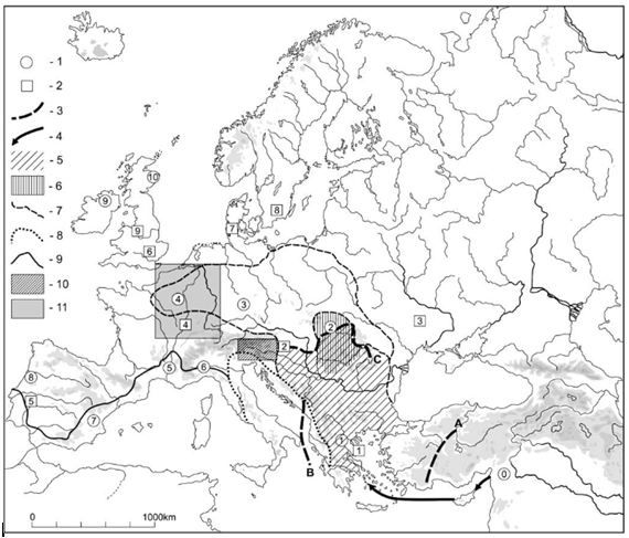 a map showing the location of different areas in europe and asia, as well as numbers on