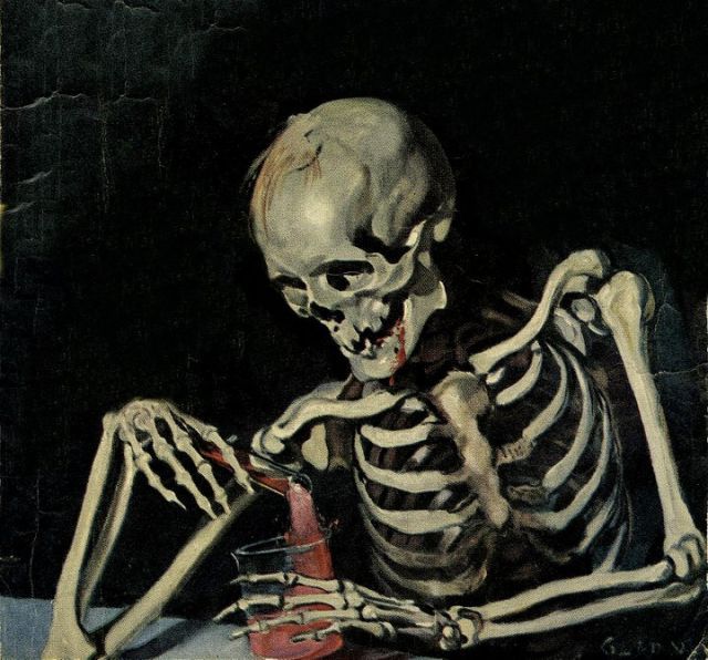 a painting of a skeleton sitting at a table