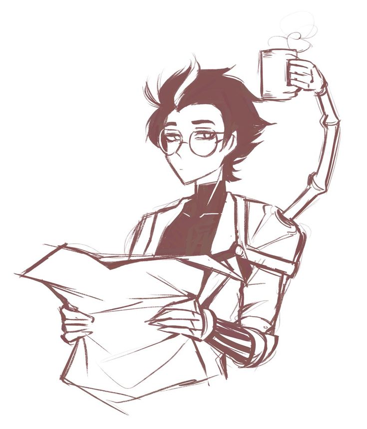 a drawing of a man with glasses holding a cup and paper in his hand,