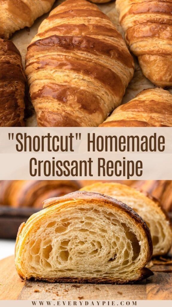 some croissants that are sitting on top of a cutting board with the words shortcut homemade croissant recipe