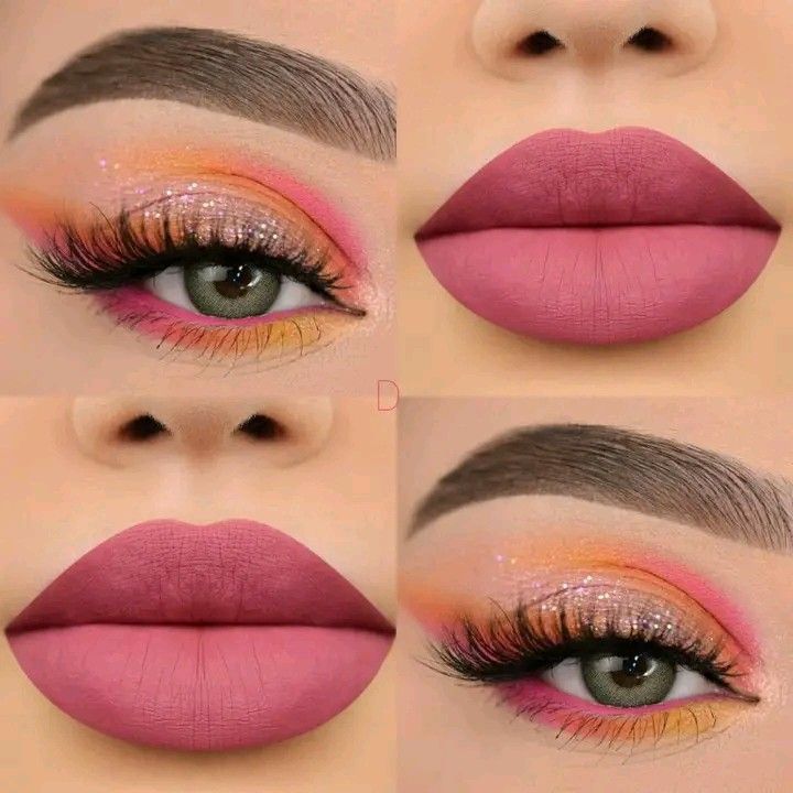 Flamingo Inspired Makeup, Miami Makeup Looks, Hawaii Makeup Look, Pink Orange Eyeshadow, Orange And Pink Makeup, Orange Pink Makeup, Tropical Makeup Look, Pink And Orange Makeup, Sunset Makeup Looks