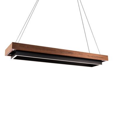 a suspended light fixture with wood and metal accents on the bottom, hanging from a white ceiling