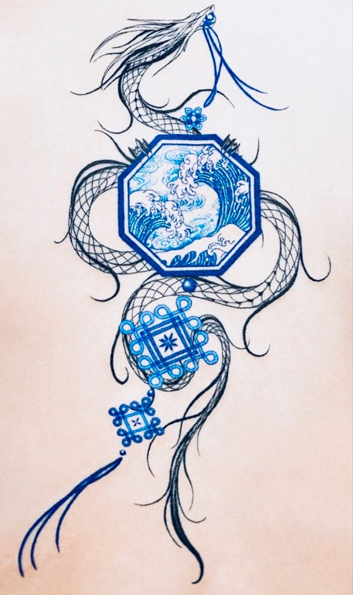 an artistic drawing of a woman holding a blue and white plate with flowers on it