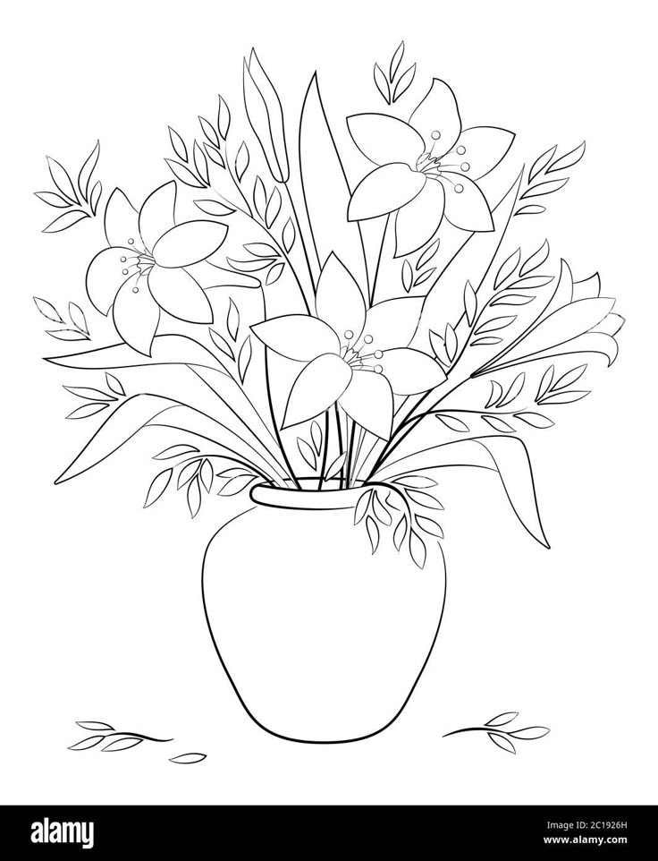 a drawing of flowers in a vase on a white background with leaves and stems - stock image