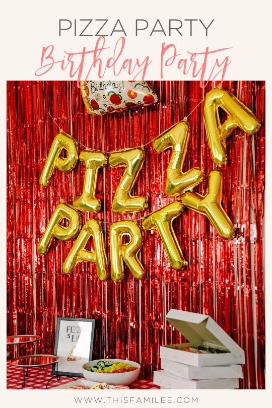 a pizza party with balloons and streamers