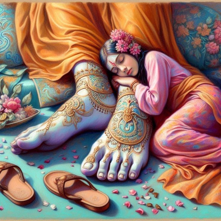 a painting of a woman laying on top of a bed with her feet covered in tattoos