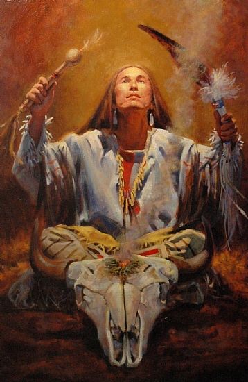 a painting of a native american woman sitting on the ground with an animal skull in front of her