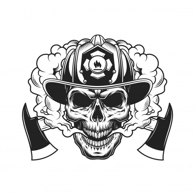 a skull wearing a fireman's helmet and holding two axes