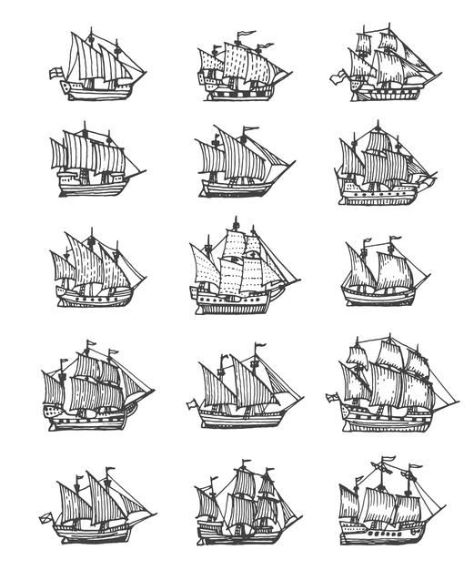 a set of nine ships in different positions and sizes, vintage line drawing or engraving illustration