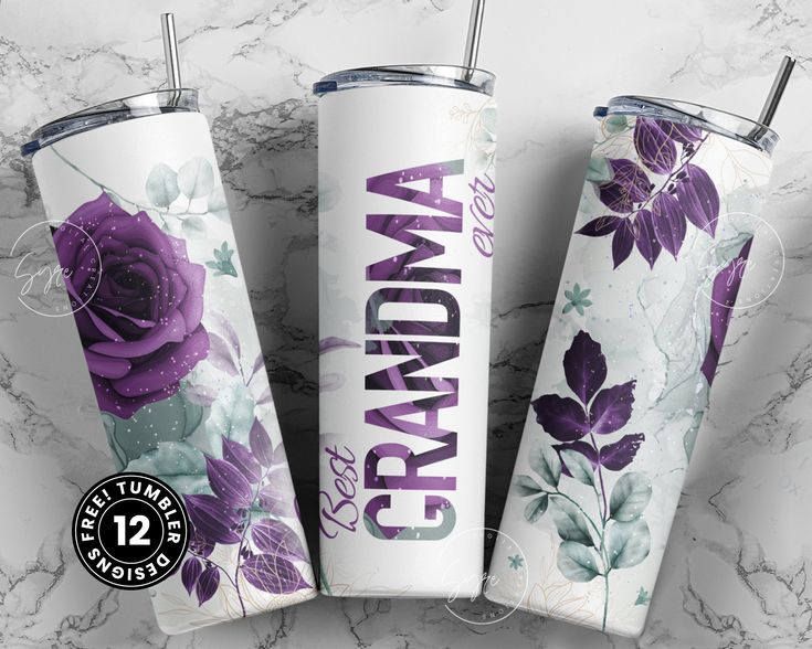 three tumbles with purple flowers and the words grandma on them