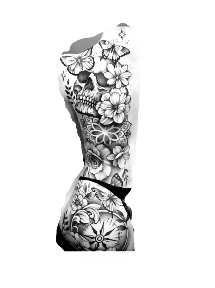 a black and white photo of a woman's body with flowers on it, in the shape of a skull