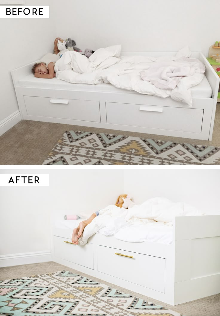 two photos side by side of a toddler's bed and the same child's sleeping area