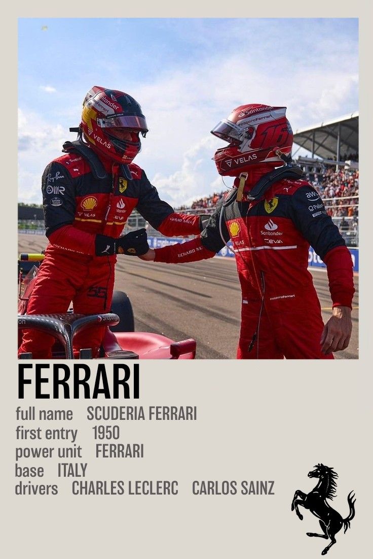 two men shaking hands in front of a race track with the words ferrari on it