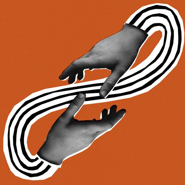 two hands reaching for each other over an orange background with black and white lines on it