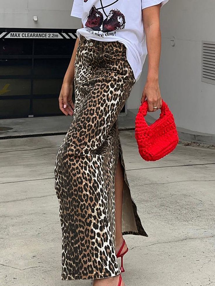 Cotton Leopard Print Split Midi Dress Button Midi Skirt, Skirt Streetwear, Long Skirt Summer, High Waist Long Skirt, Streetwear Mode, Leopard Print Skirt, Denim Skirt Women, Water Usage, Split Skirt