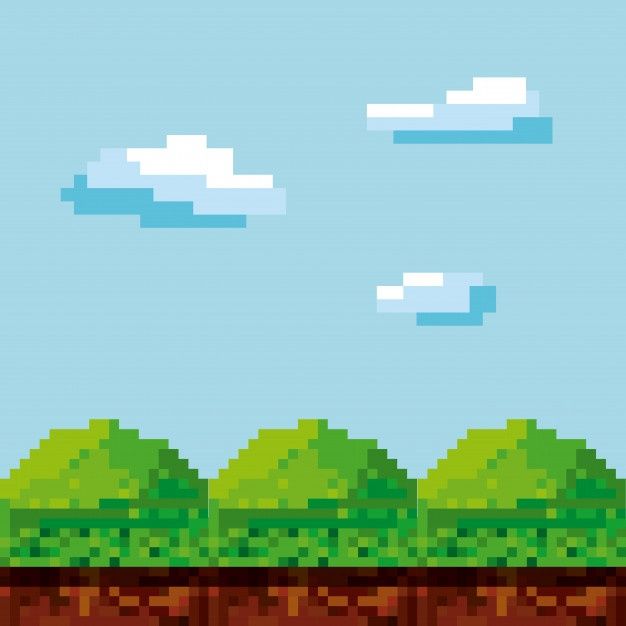 an old - school pixel art video game with the sky and trees in the background