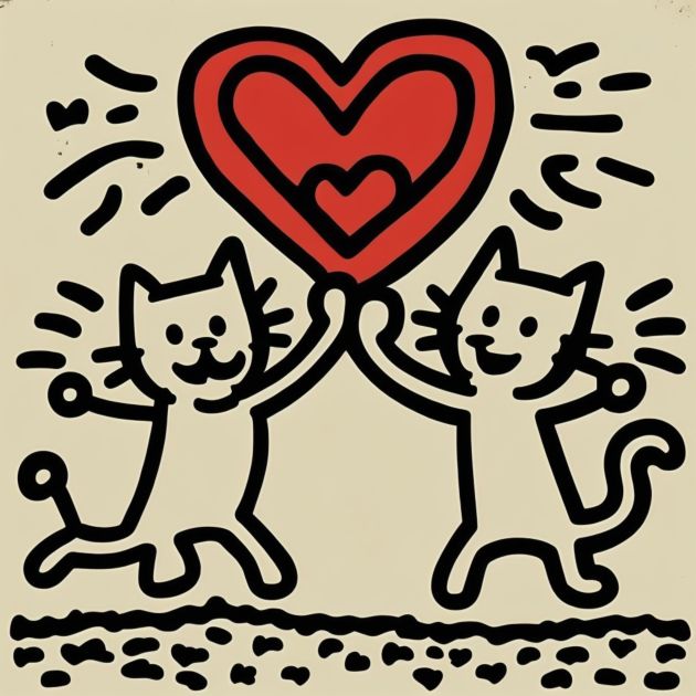 two cats holding hands with a heart above them