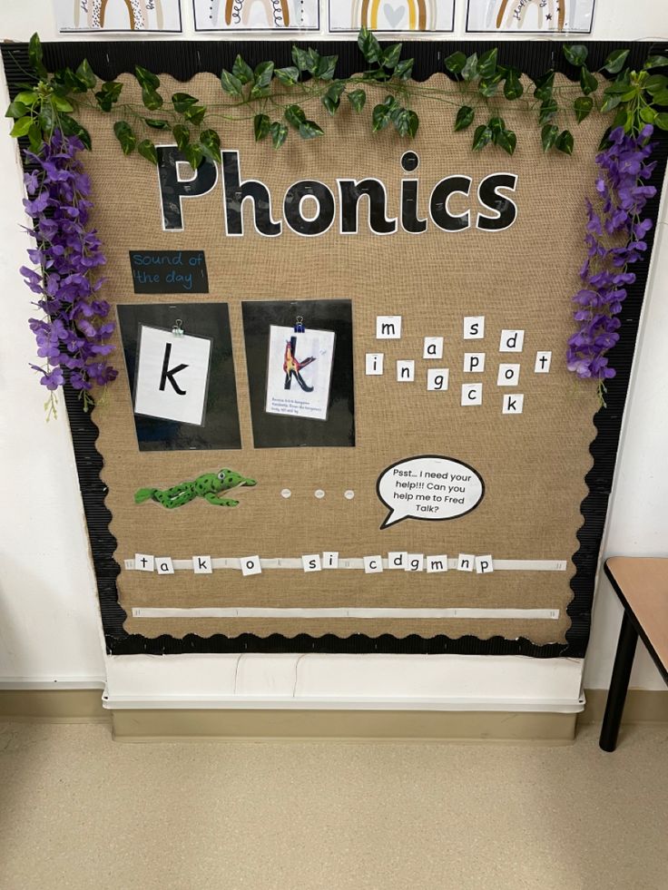 a bulletin board is decorated with purple flowers and green leaves, along with the words phonics