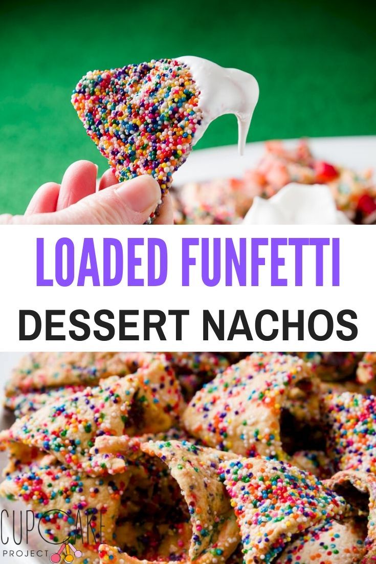 a hand holding up a sprinkled funnel cake with the words loaded funfit dessert nachos