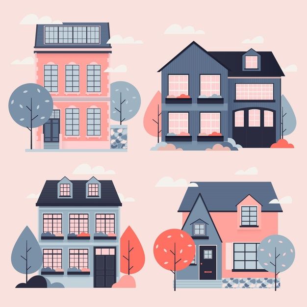 four different types of houses with trees in the front and back ground, on pink background