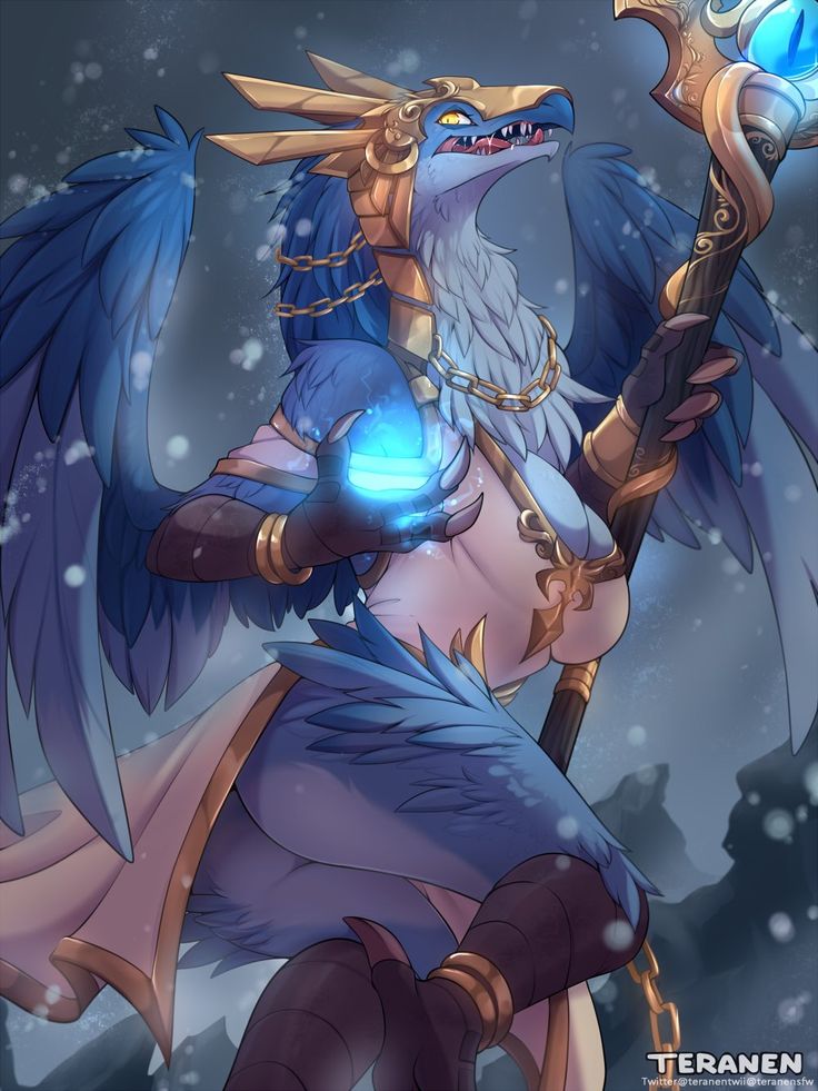 an image of a woman with wings holding a wand and wearing a blue outfit, standing in the snow