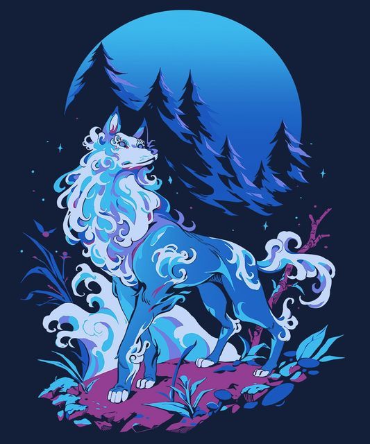 a blue wolf standing in front of a full moon with trees on the other side