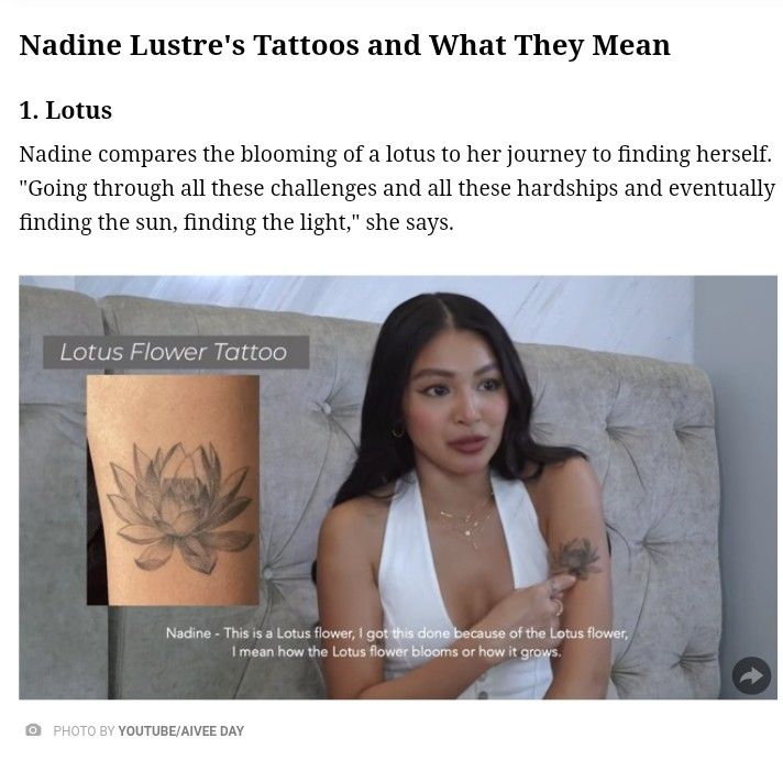 a woman sitting on top of a couch next to a flower tattoo and the caption reads, nadine luster's tattoos and what they mean