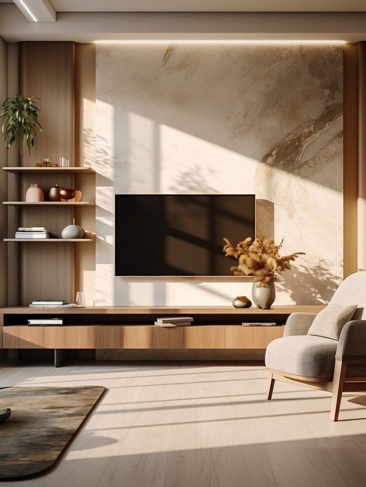 a living room with a large television on the wall and shelves filled with vases