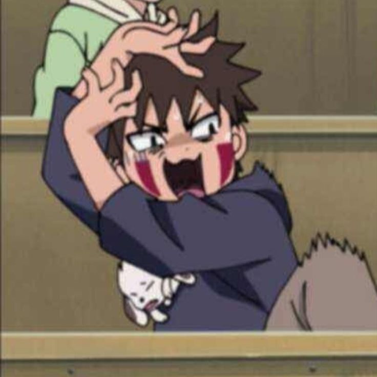 an anime character holding his head in the air with one hand and another arm behind him