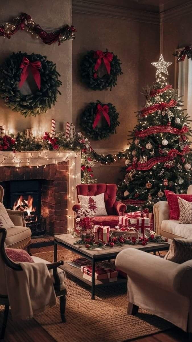 a living room decorated for christmas with presents