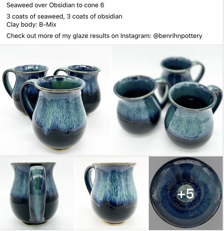 several pictures of blue pottery with different designs and sizes, including the bottom half of a pitcher