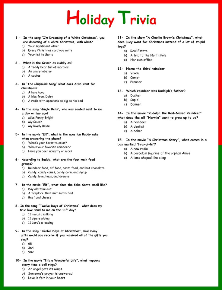 the holiday trivia is shown in red and green