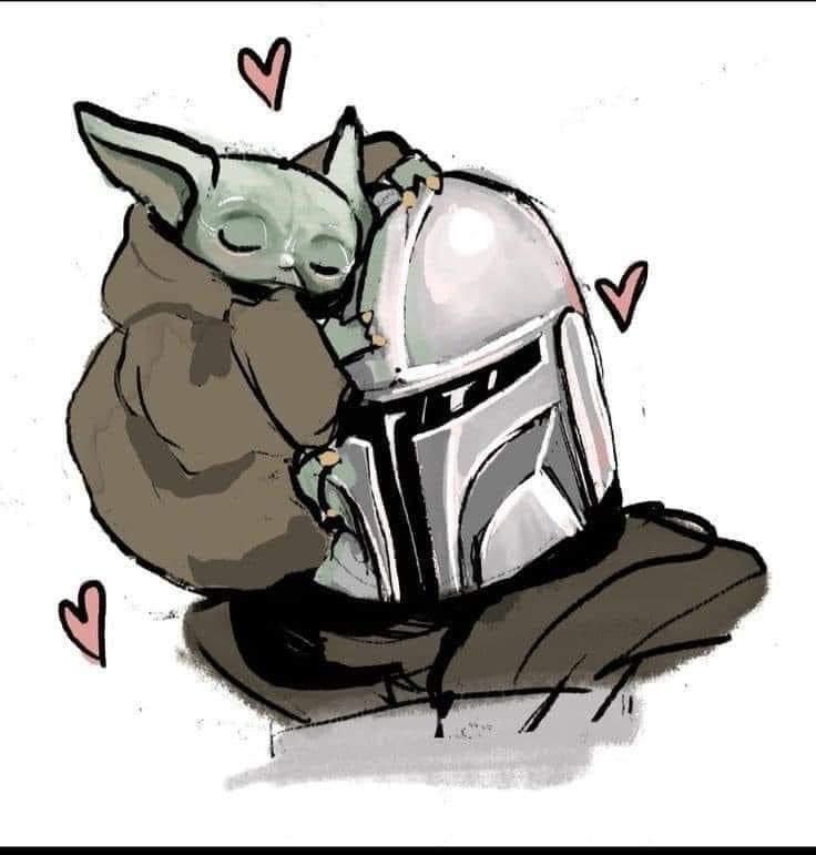 the baby yoda is hugging the helmet of the star wars character boba fett