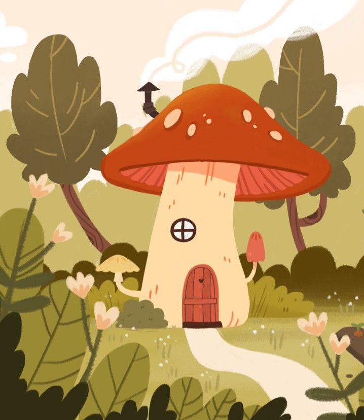 a mushroom house in the middle of a forest