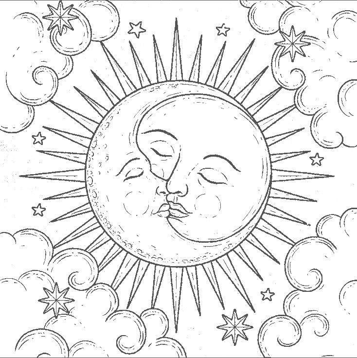 a drawing of the sun and moon with clouds