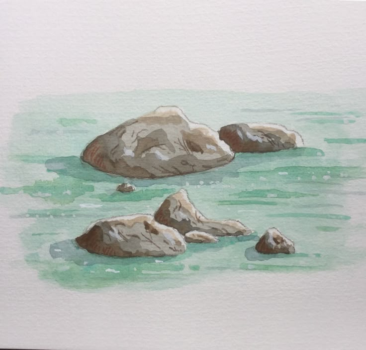 watercolor painting of rocks in the ocean