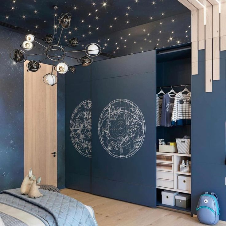 a child's bedroom with blue walls and stars on the ceiling