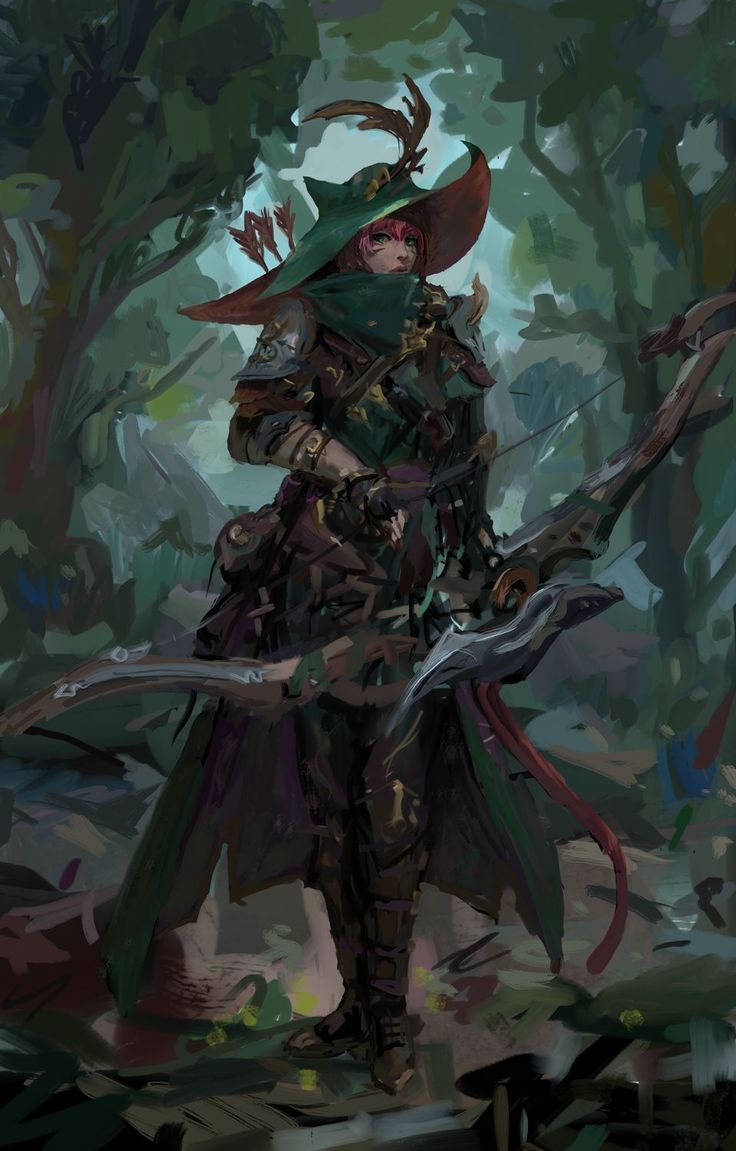 a painting of a woman holding a bow and arrow in the woods with trees behind her