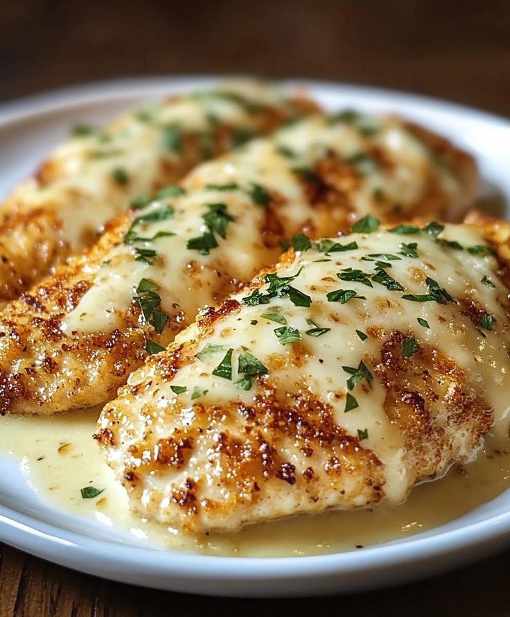 three pieces of chicken covered in cheese on a white plate with sauce and parsley